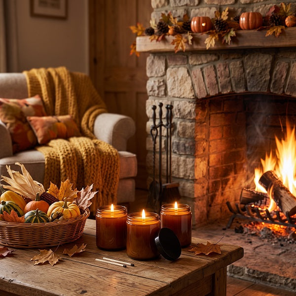Crackling log fire. Three lit amber glass jar candles sit on a rustic wooden table in a cosy living room beside a stone fireplace with a fire burning. A wicker basket of pumpkins, autumn leaves, and gourds rests on the table, and a matching armchair with a mustard knit throw is visible in the background.