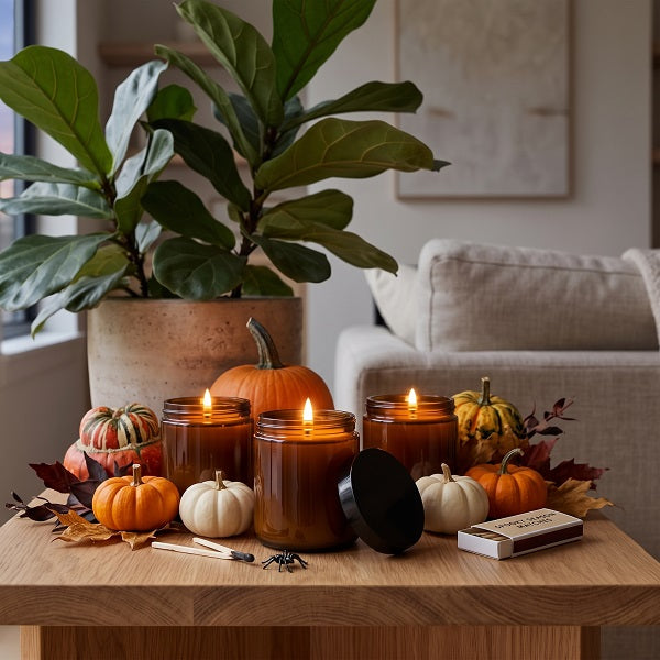 Spiced Pumpkin. Three amber glass jar candles with lit flames are arranged on a wooden table in a cozy living room setting, surrounded by small pumpkins, fall leaves, a black lid, matches, and a matchbox. A large potted fiddle-leaf fig and a sofa are visible in the background.