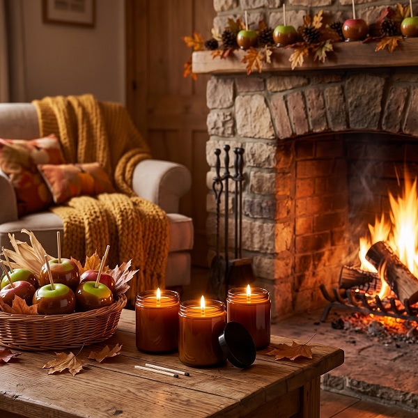 Three lit amber glass jar candles sit on a wooden table in a cosy living room beside a stone fireplace with a fire burning inside. A wicker basket of red and green treacle toffee apples with dried leaves rests on the table, and an armchair with a mustard knit throw is visible in the background.