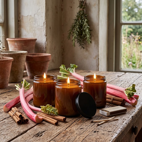 Wild rhubarb and cinnamon. Three lit amber glass jar candles with pink and green rhubarb stems, cinnamon sticks, a black lid, and a matchbox arranged on a rustic wooden table in a sunlit room with terracotta pots and hanging herbs.