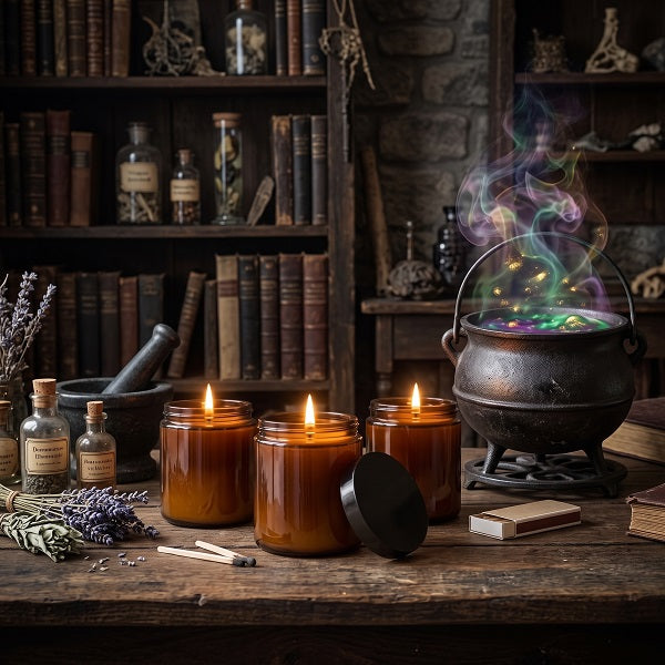 Witches Brew. Three amber glass jar candles with lit flames sit on a rustic wooden table, alongside a black cauldron with colorful smoke, old books, bottles, lavender, and matches in a dark, atmospheric room.