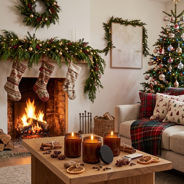 Christmas spices. Three lit amber glass jar candles are arranged on a wooden coffee table in a cosy, decorated living room with a burning fireplace, stockings, green garlands, and a Christmas tree.