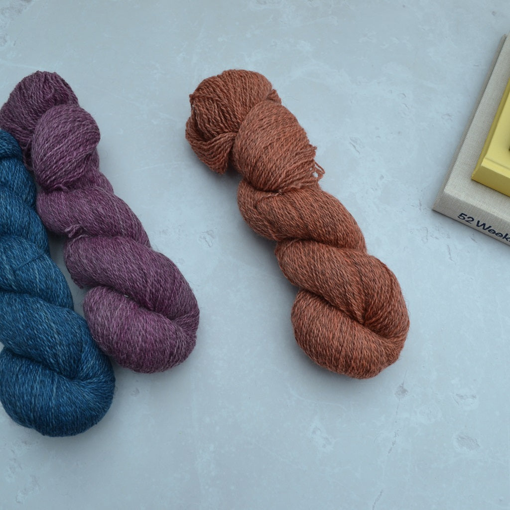 Hand dyed yarn - Three skeins of yarn in blue, purple, and brown on a light gray surface...