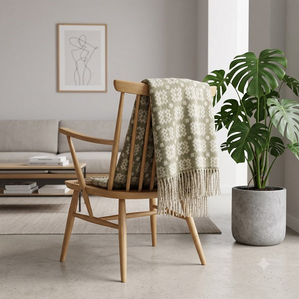 Welsh blanket named St Donats. A light wood armchair in a modern living room setting, draped with a chive green and cream patterned fringed throw blanket. A large potted plant stands to the right, and a neutral sofa and framed art are visible in the background.