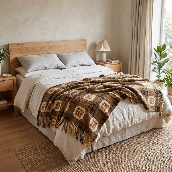 Cwm Gwaun Welsh blanket. Draped over a double bed in a modern bedroom.