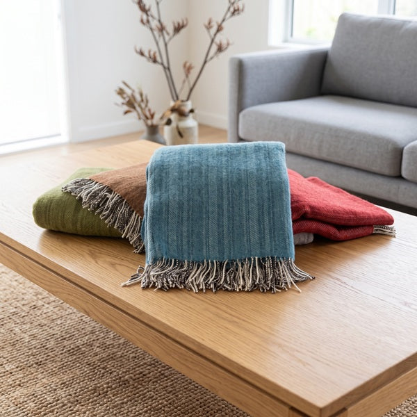 Indulge in the cosy comfort and timeless beauty of the Frenni Welsh Blanket bringing a touch of understated luxury and exceptional craftsmanship into your home. A folded Aqua Blue throw blanket with grey fringe is draped over a stack of other folded blankets on a wooden coffee table in a modern living room setting.