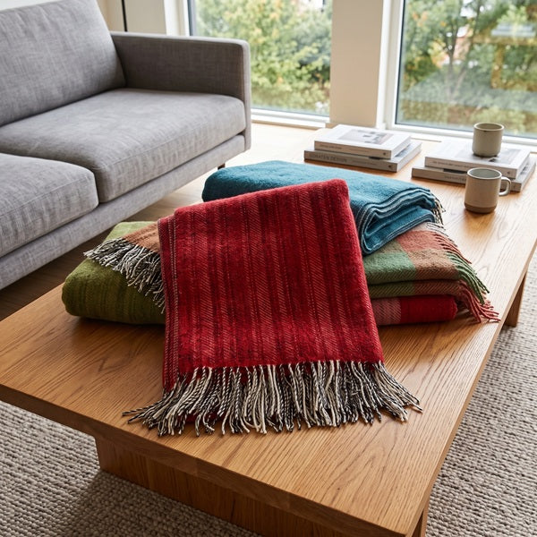 Indulge in the cosy comfort and timeless beauty of the Frenni Welsh Blanket bringing a touch of understated luxury and exceptional craftsmanship into your home. A folded Carmine throw blanket with grey fringe is draped over a stack of other folded blankets on a wooden coffee table in a modern living room setting.