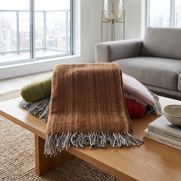 Indulge in the cosy comfort and timeless beauty of the Frenni Welsh Blanket bringing a touch of understated luxury and exceptional craftsmanship into your home. A folded Conker throw blanket with grey fringe is draped over a stack of other folded blankets on a wooden coffee table in a modern living room setting.