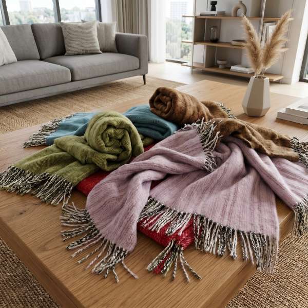 Welsh Throw Blankets. A styled collection of soft woven throw blankets with fringe, draped over a wooden coffee table in a bright living room. The visible blankets include dusty pink, olive green, teal blue, rust brown, and red.