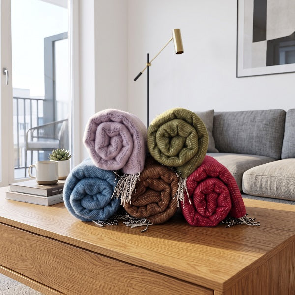 Welsh blankets and throws - Frenni. Five rolled knit throw blankets in pastel and earthy colours are arranged on a wooden coffee table in a modern living room setting.