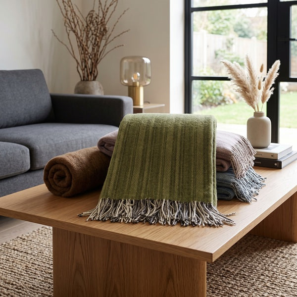 Indulge in the cosy comfort and timeless beauty of the Frenni Welsh Blanket bringing a touch of understated luxury and exceptional craftsmanship into your home. A folded Olive throw blanket with grey fringe is draped over a stack of other folded blankets on a wooden coffee table in a modern living room setting.