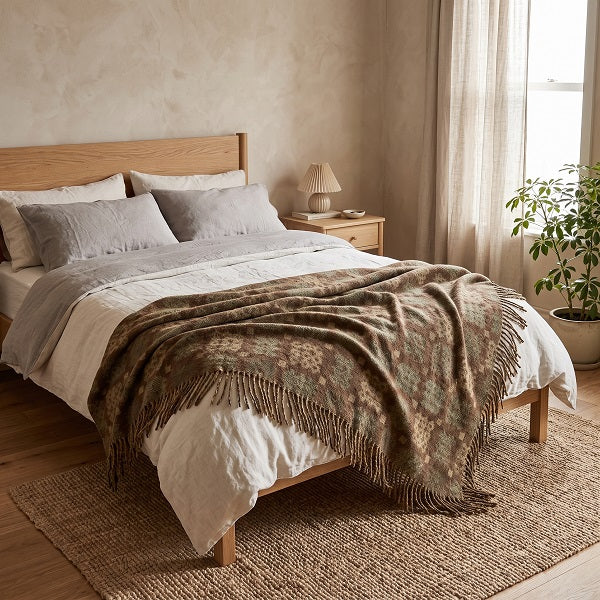 Great Orme Welsh Blanket. Draped over a double bed in a modern bedroom