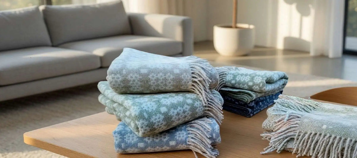 Welsh blankets in summer colours on a table in a modern living room