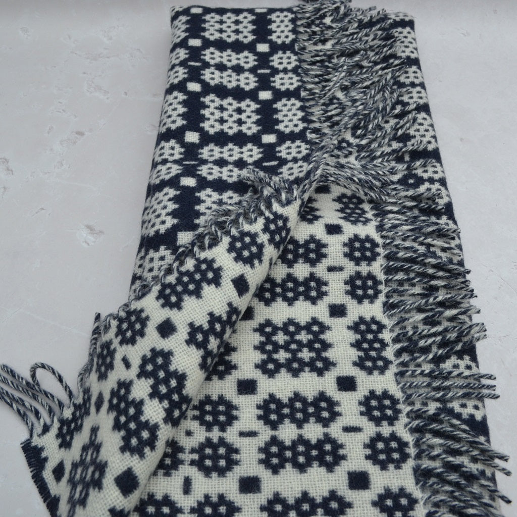 TirGlas Welsh Blankets - Bodnant in navy and cream in the Caernarfon portcullis patterns.
