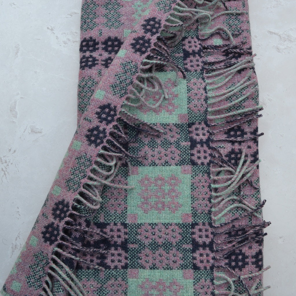 TirGlas Welsh Blankets - Cambrian  in Heather, Mint and dark navy in the Caernarfon portcullis patterns
