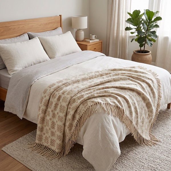 Claerwen Welsh blanket draped over a double bed in a modern bedroom
