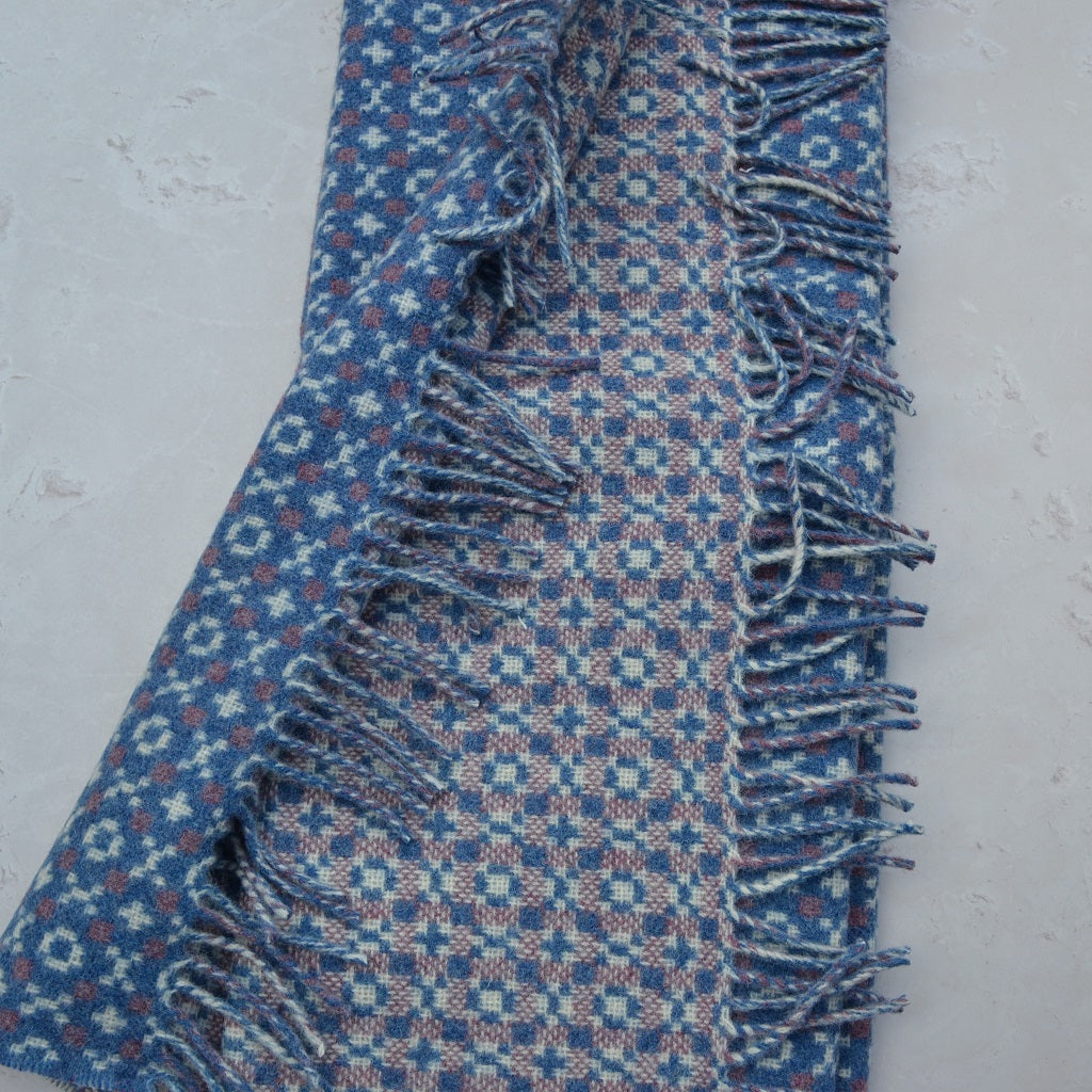 TirGlas Welsh Blankets - Pen y Fan. In Cornflower Blue with spot patterns in white and pink