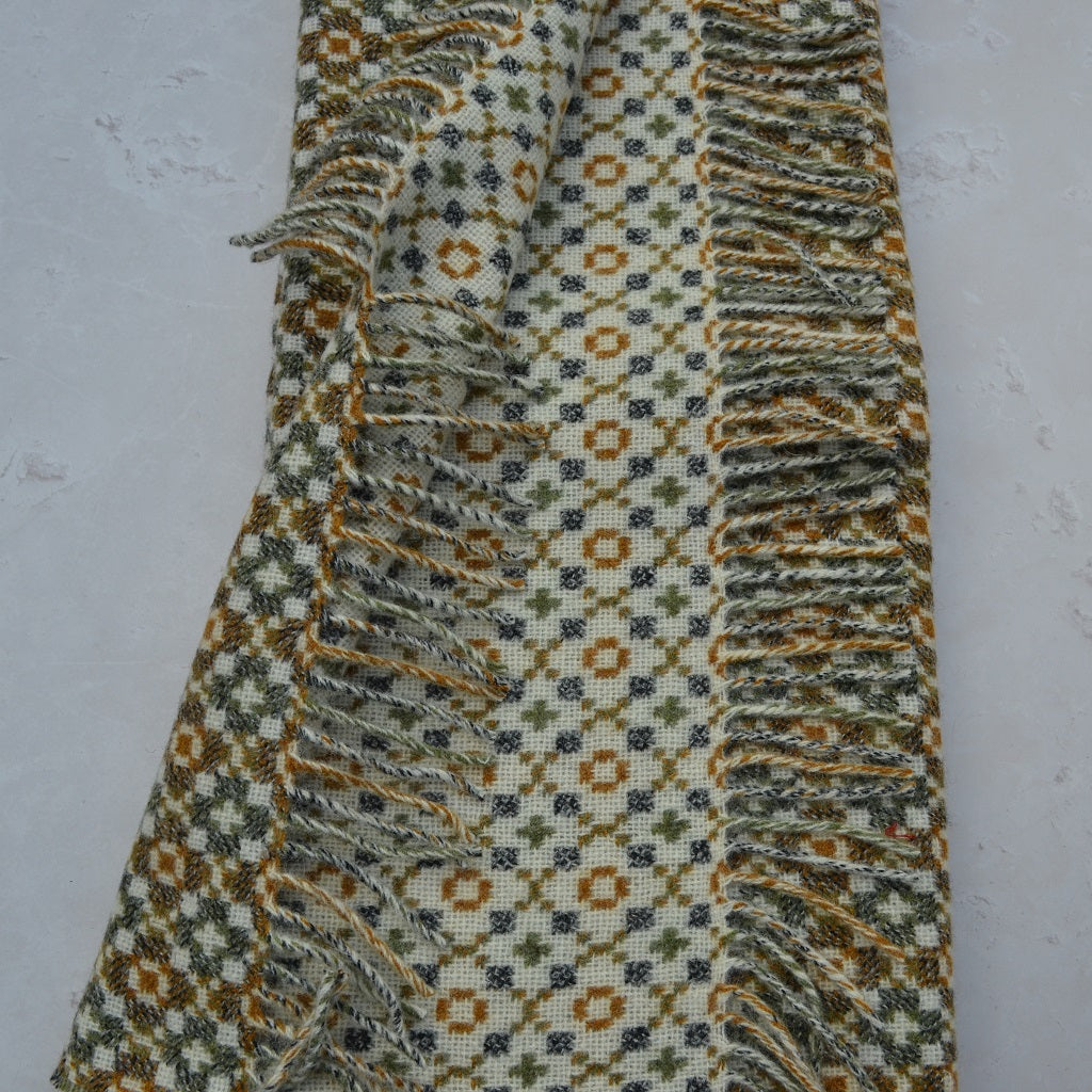 TirGlas Welsh Blankets - Penarth  A soft and warm traditional double cloth reversible blanket. Woven in Gold, Sage and Charcoal on an Almond background