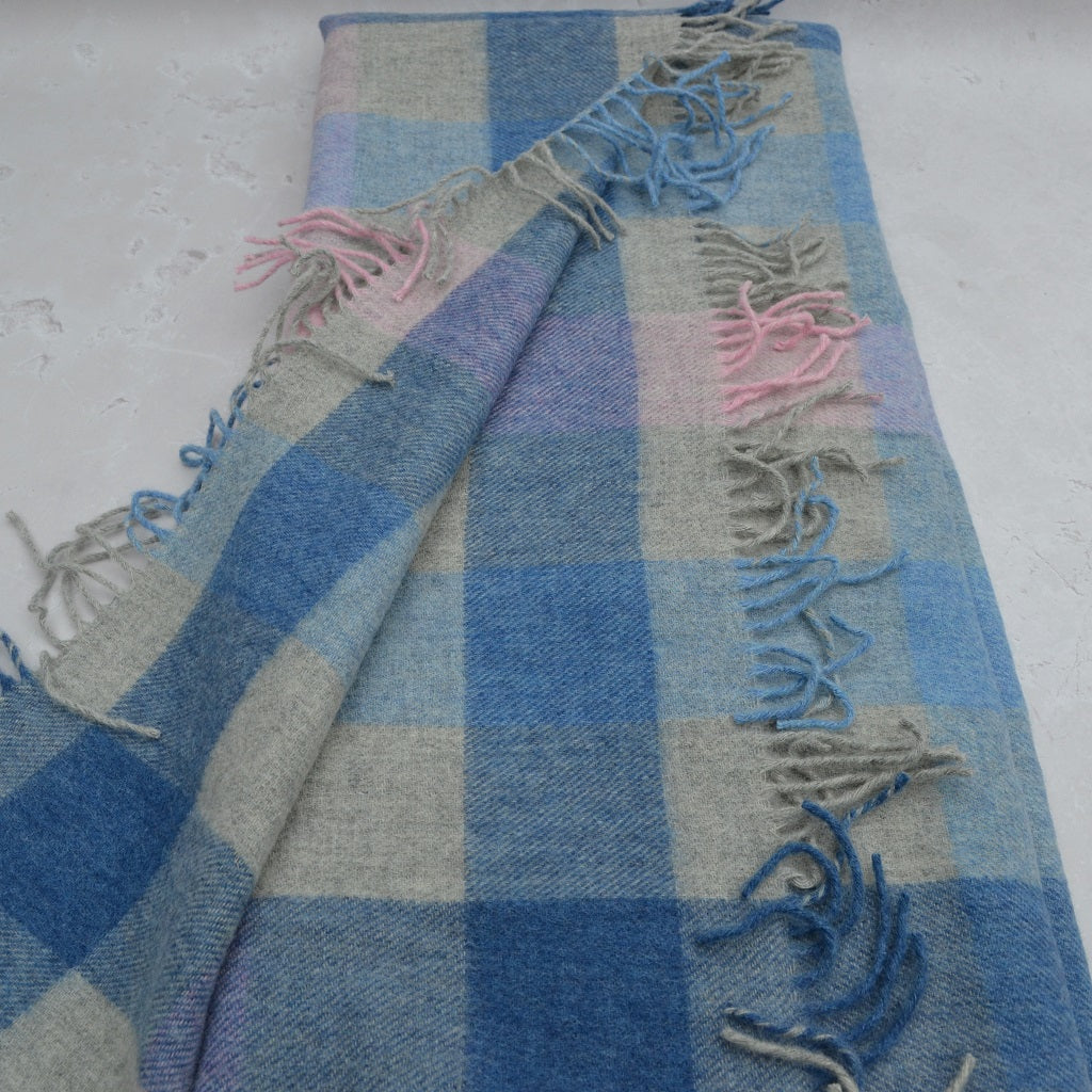 Soft as a cloud Welsh blanket or throw, your perfect companion for cosy moments. Sky blue, silver grey.