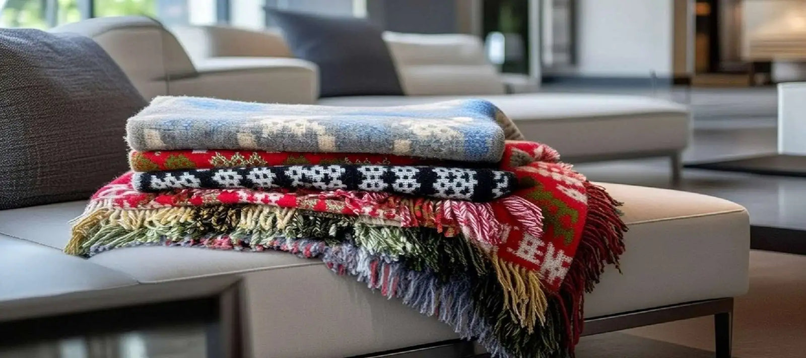 Welsh blankets in the Caernarfon portcullis pattern on a lounge sofa