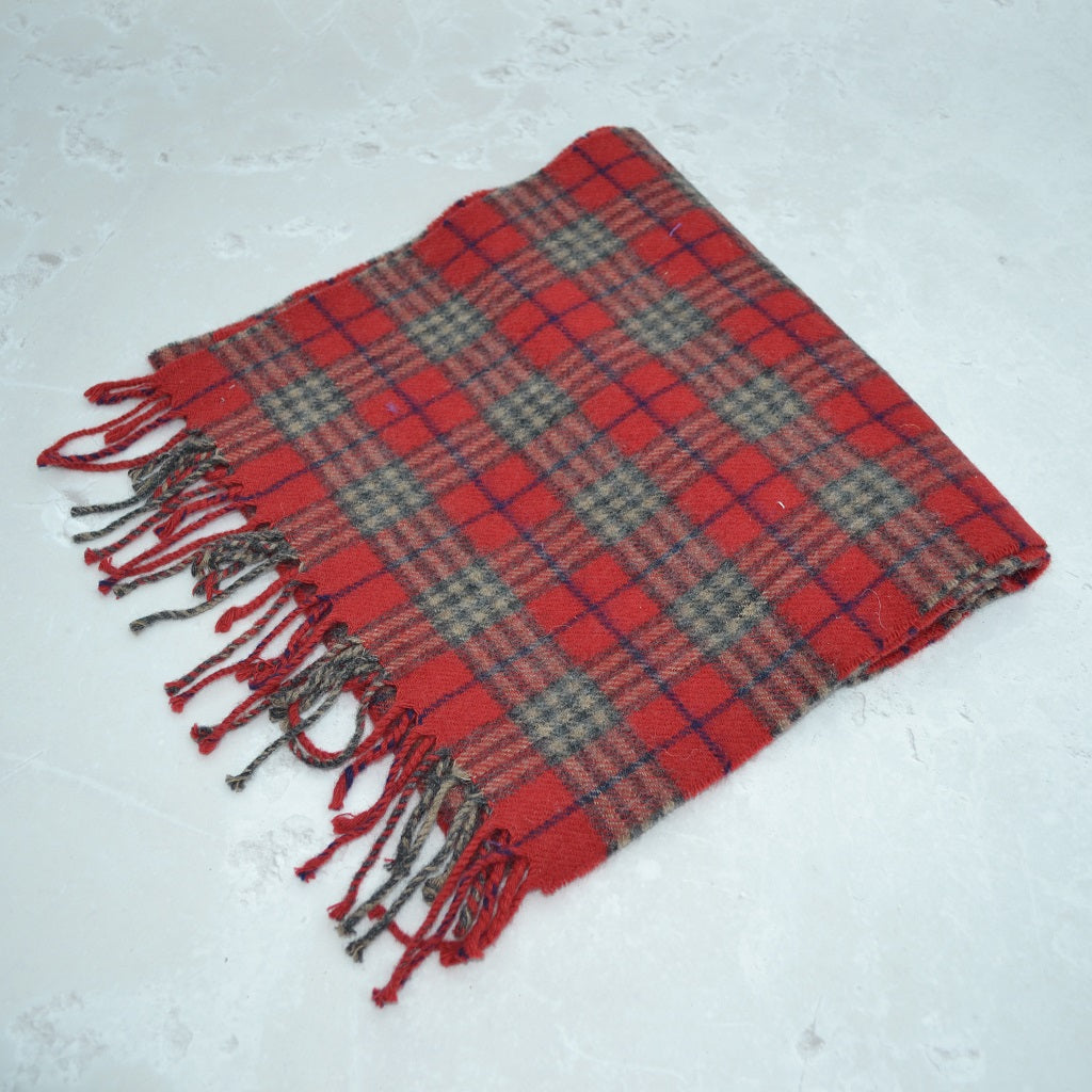 Red and gray plaid blanket with fringes on a light gray background