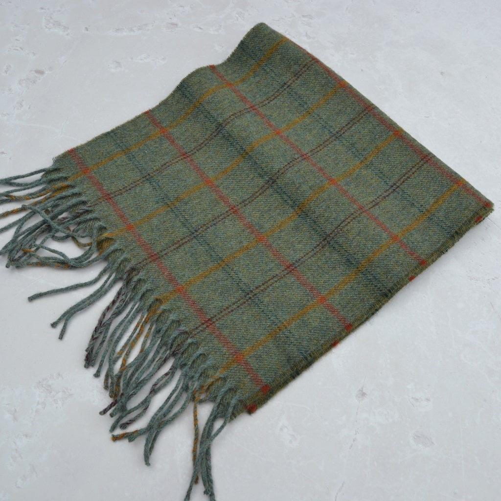 Green plaid scarf with fringes on a light gray background