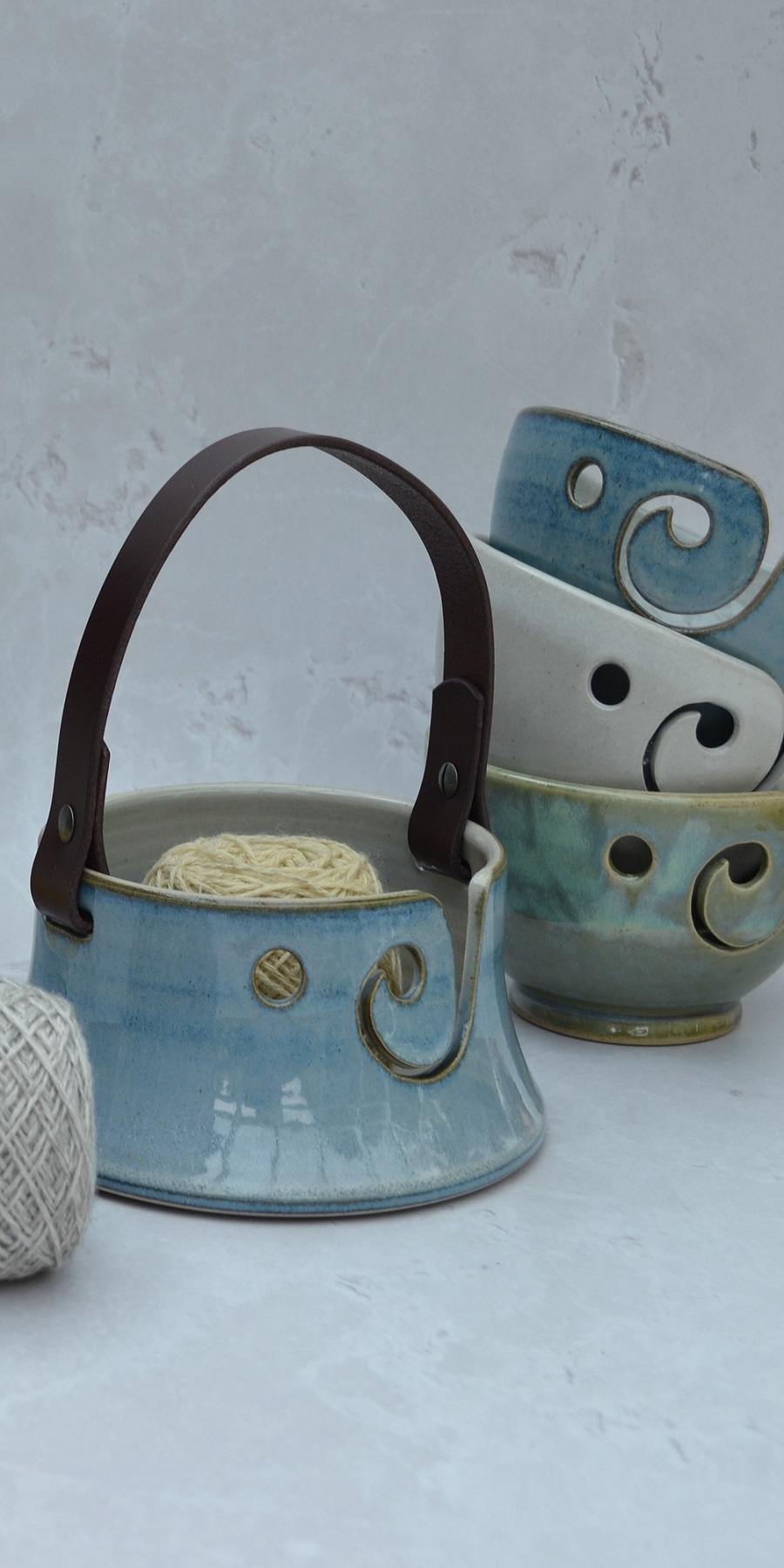Handmade stoneware pottery yarn bowls with leather handles