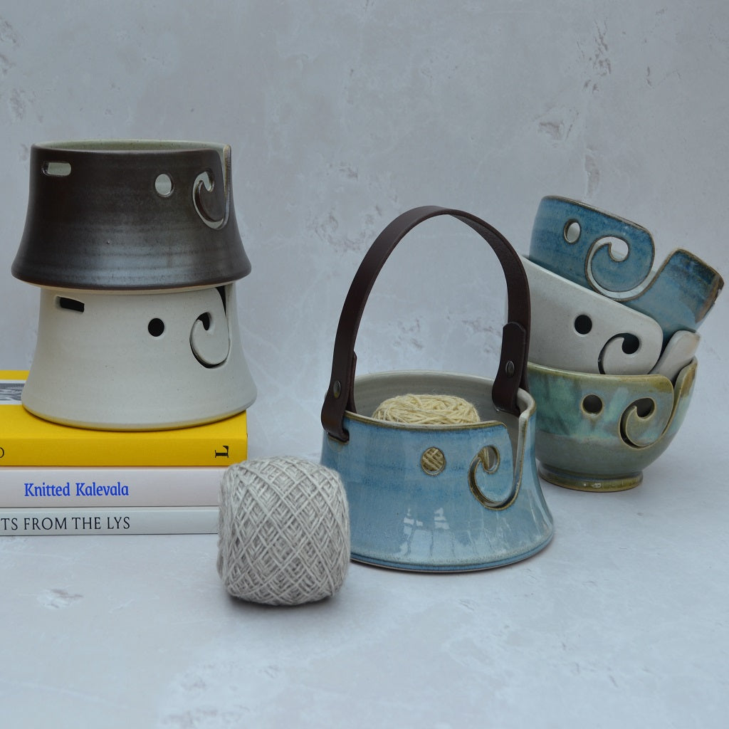 Unique round and flared-based yarn bowls with distinctive and much-loved leather handles in our Stoneware Pottery range..