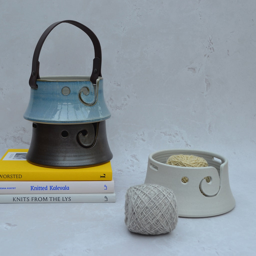 Unique flared-based yarn bowls with distinctive and much-loved leather handles in our Stoneware Pottery range. Mist.