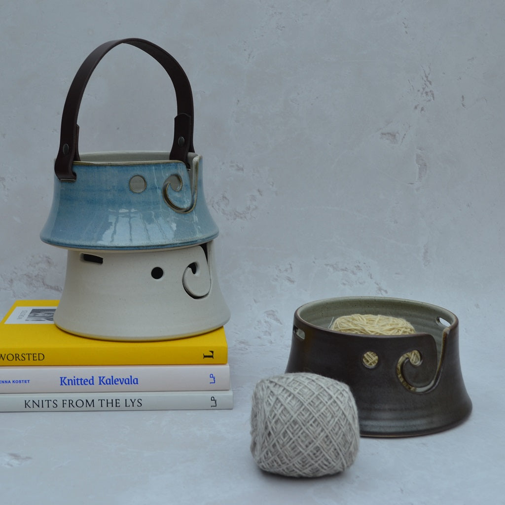 Unique flared-based yarn bowls with distinctive and much-loved leather handles in our Stoneware Pottery range. Walnut.