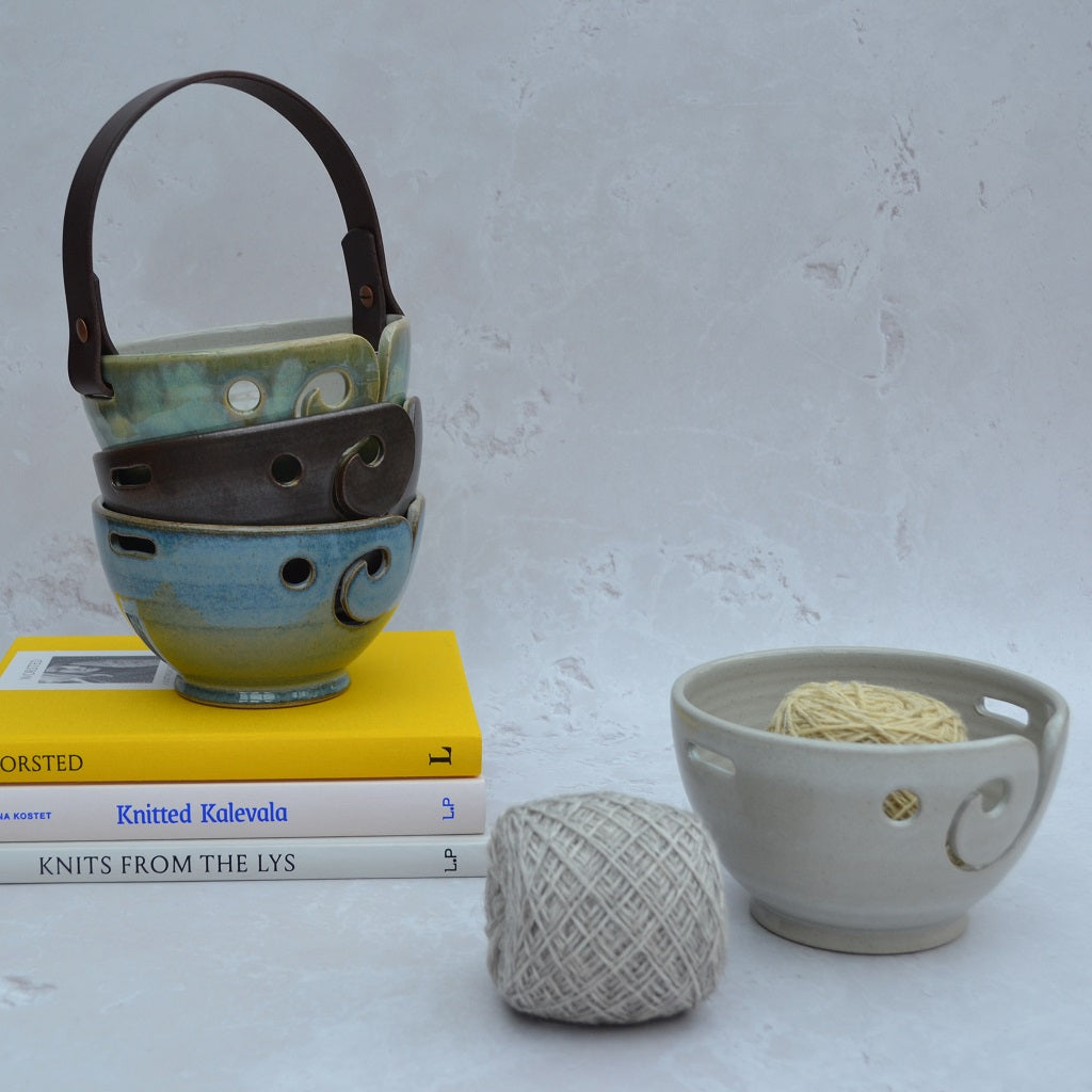Unique round-based yarn bowls with our distinctive and much-loved leather handles are available in our Stoneware Pottery range. Mist.