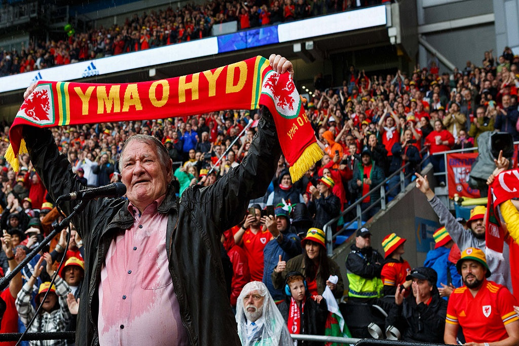 Dafydd Iwan singing Yma o Hyd at a Wales Football match